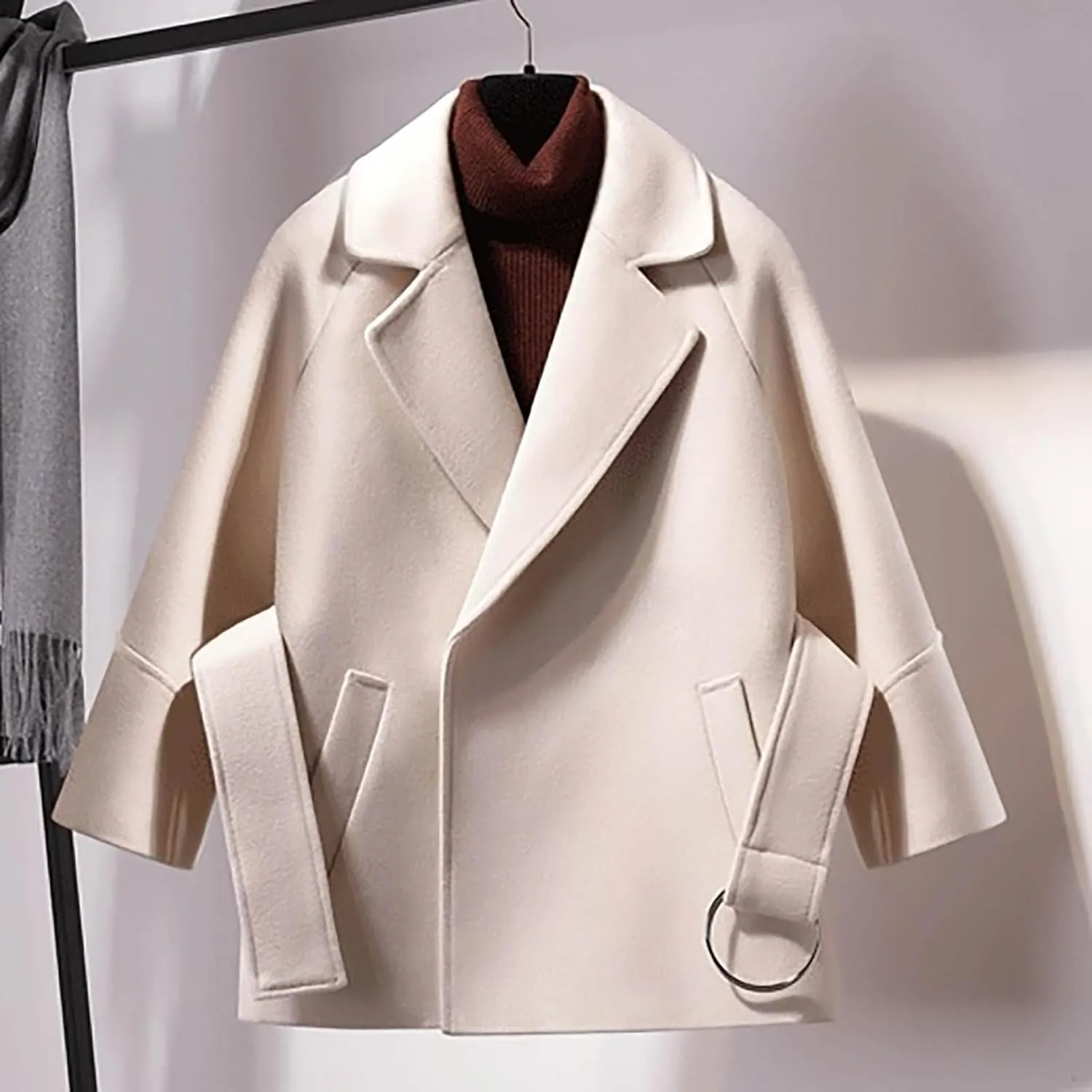 Akklian Women's Woolen Coat Winter Chunky Cropped Peacoat Waisted Plus Size Wrap Coat Loose Stylish Warm Outwear with Pockets