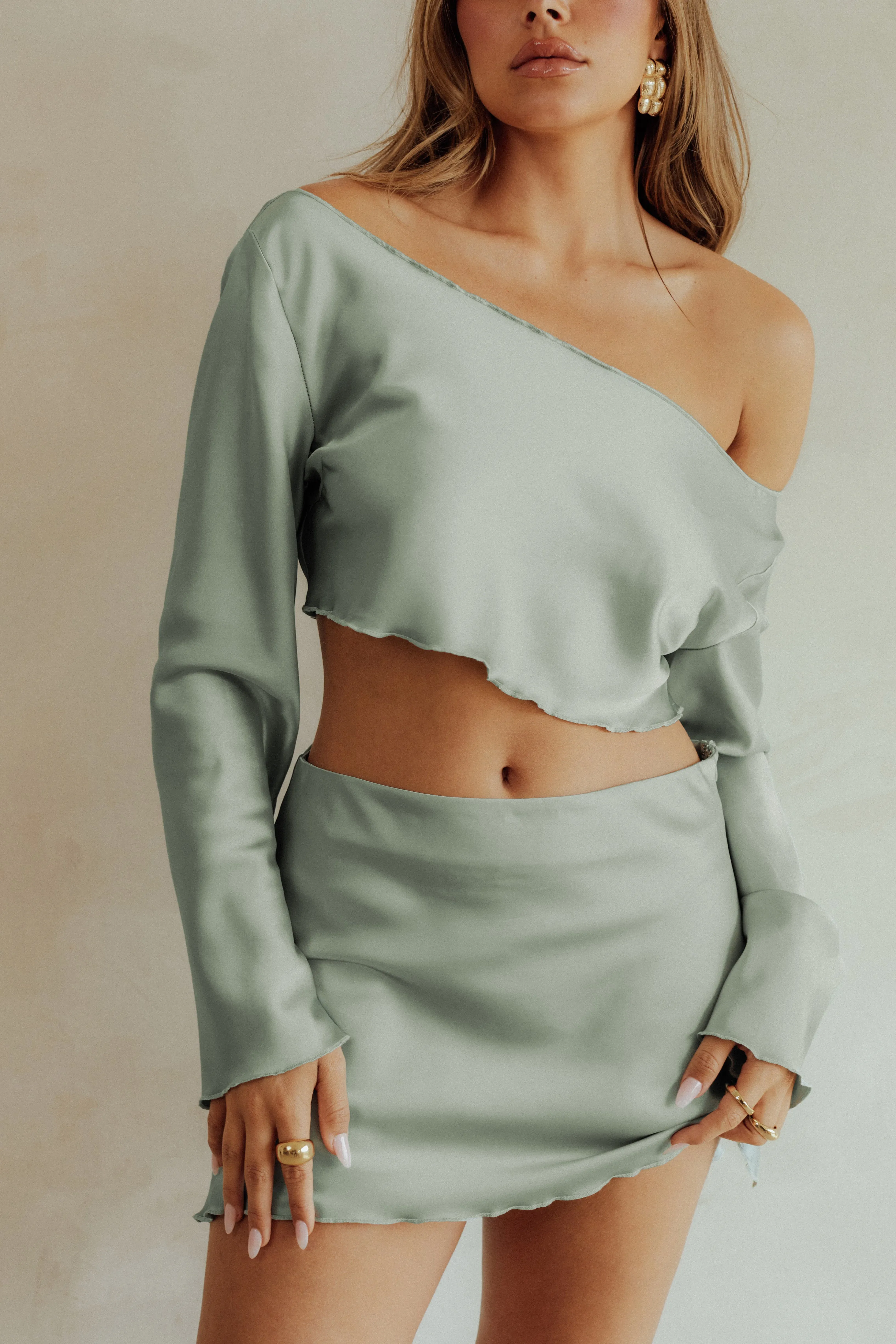 Aliya Satin Mini Skirt Set - Sage Green