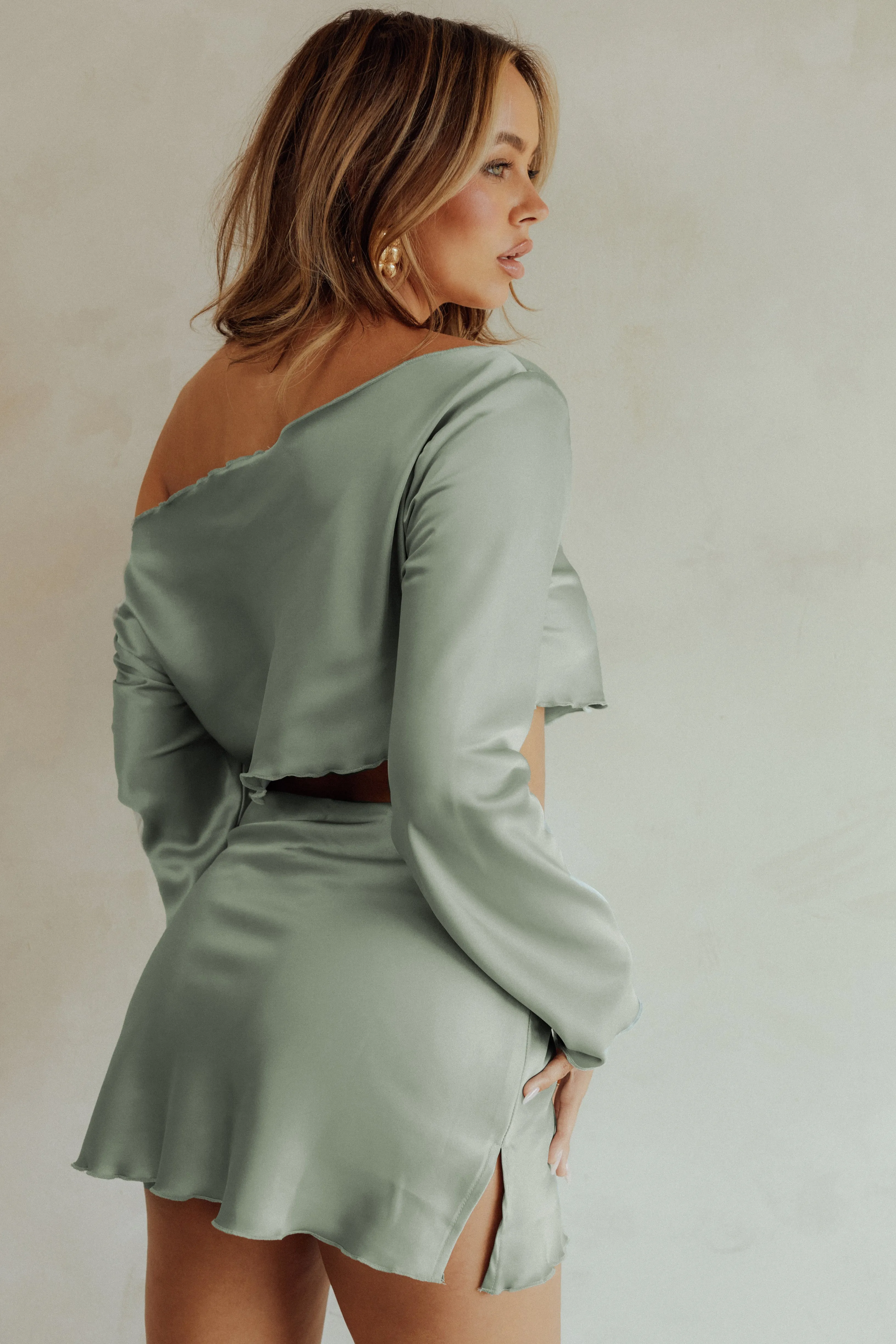 Aliya Satin Mini Skirt Set - Sage Green