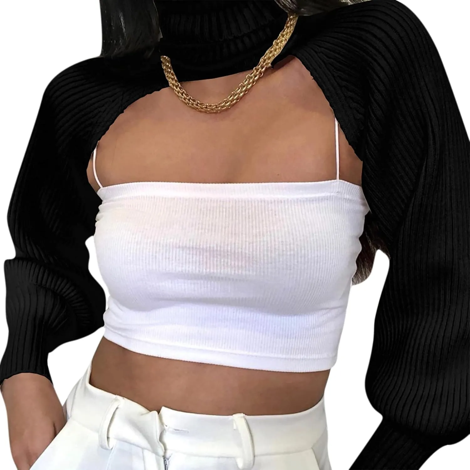ANKOMINA Women's Turtleneck Collar Knitting Pullover Sweater Sexy Cut Out Long Sleeve Shrugs High Neck Crop Tops Sweaters