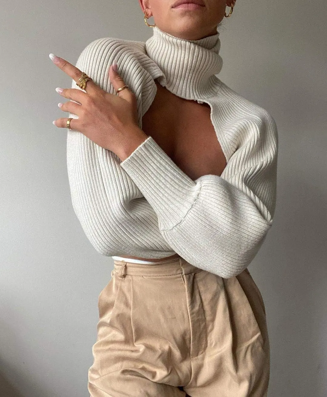 ANKOMINA Women's Turtleneck Collar Knitting Pullover Sweater Sexy Cut Out Long Sleeve Shrugs High Neck Crop Tops Sweaters