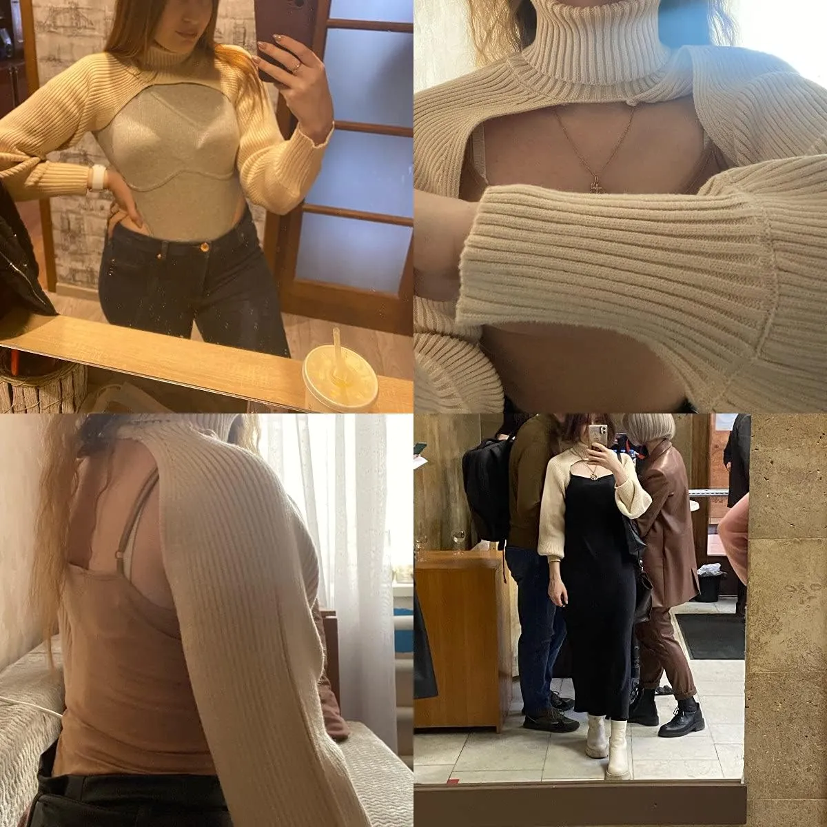 ANKOMINA Women's Turtleneck Collar Knitting Pullover Sweater Sexy Cut Out Long Sleeve Shrugs High Neck Crop Tops Sweaters