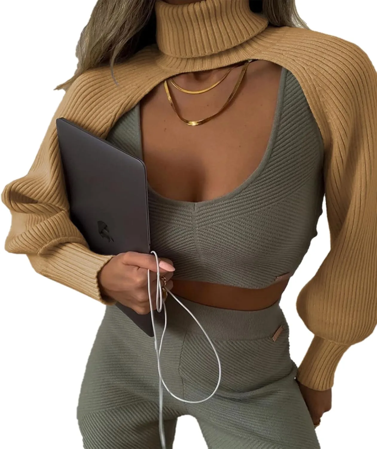 ANKOMINA Women's Turtleneck Collar Knitting Pullover Sweater Sexy Cut Out Long Sleeve Shrugs High Neck Crop Tops Sweaters