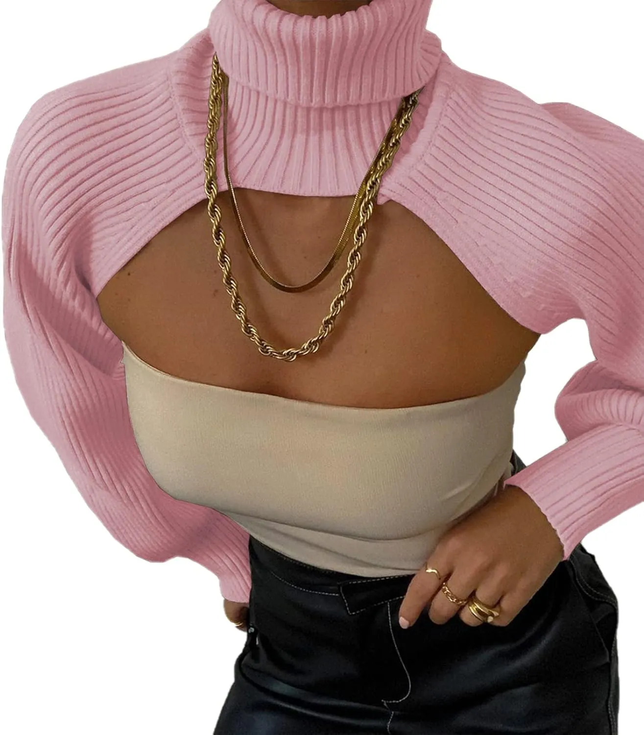 ANKOMINA Women's Turtleneck Collar Knitting Pullover Sweater Sexy Cut Out Long Sleeve Shrugs High Neck Crop Tops Sweaters