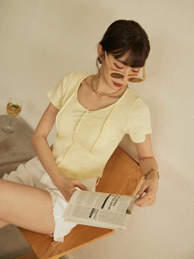 Basic Solid Ribbed Cotton Button T-Shirt Top