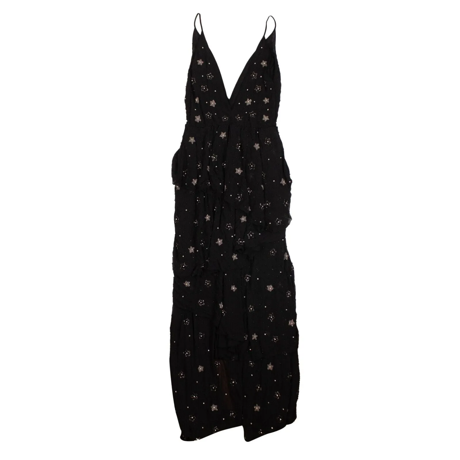 Black Asymmetrical Deep V Bead Silk Long Dress