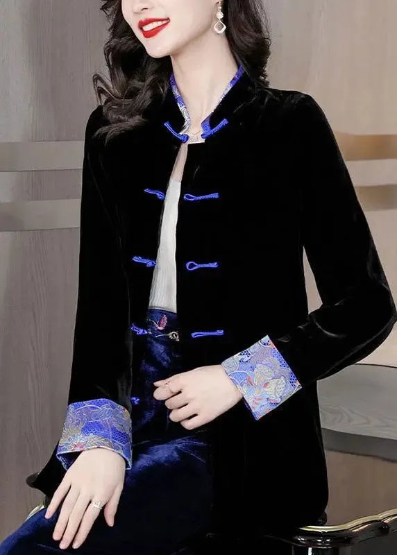 Black Print Button Silk Velour Coats