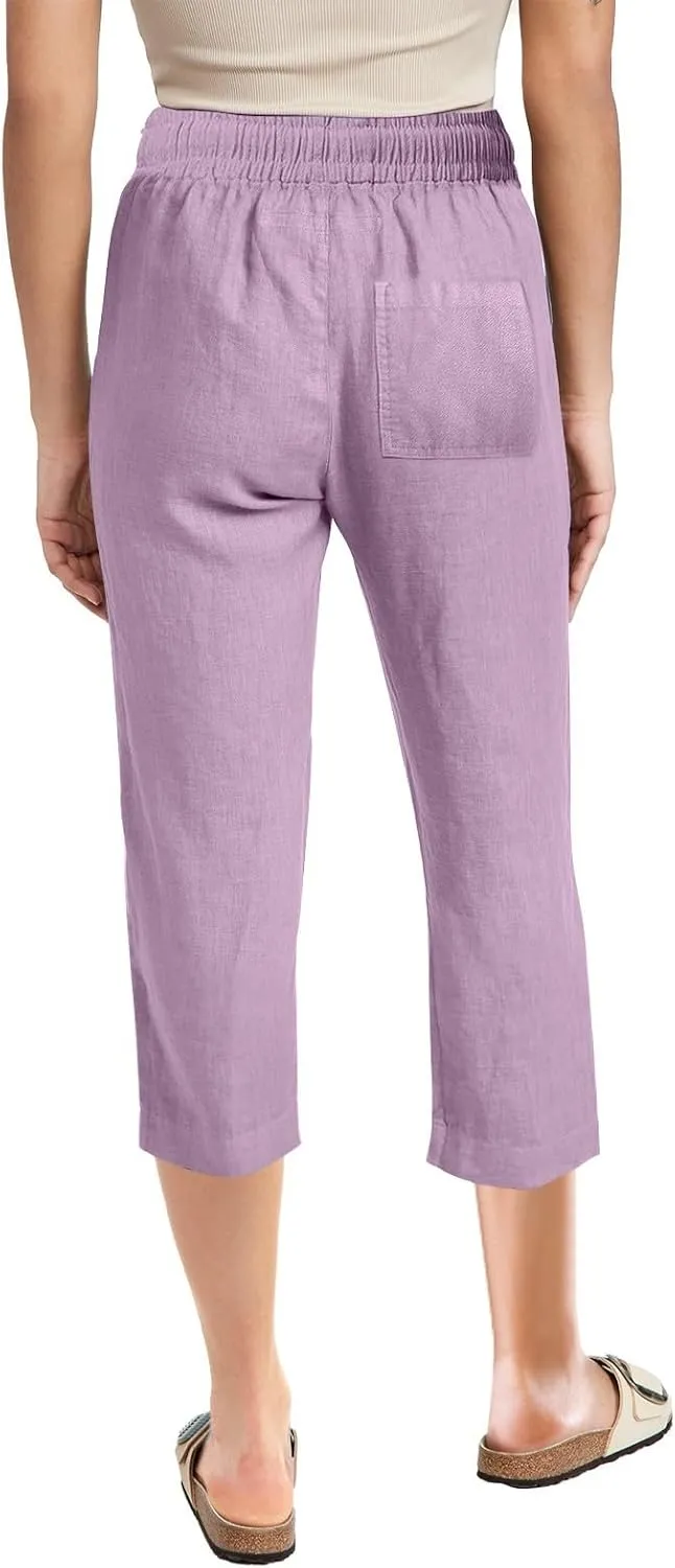 Capri Pants for Women Casual 2025 Summer Drawstring Elastic High Waist Linen Pant Straight Wide Leg Cropped Trouser