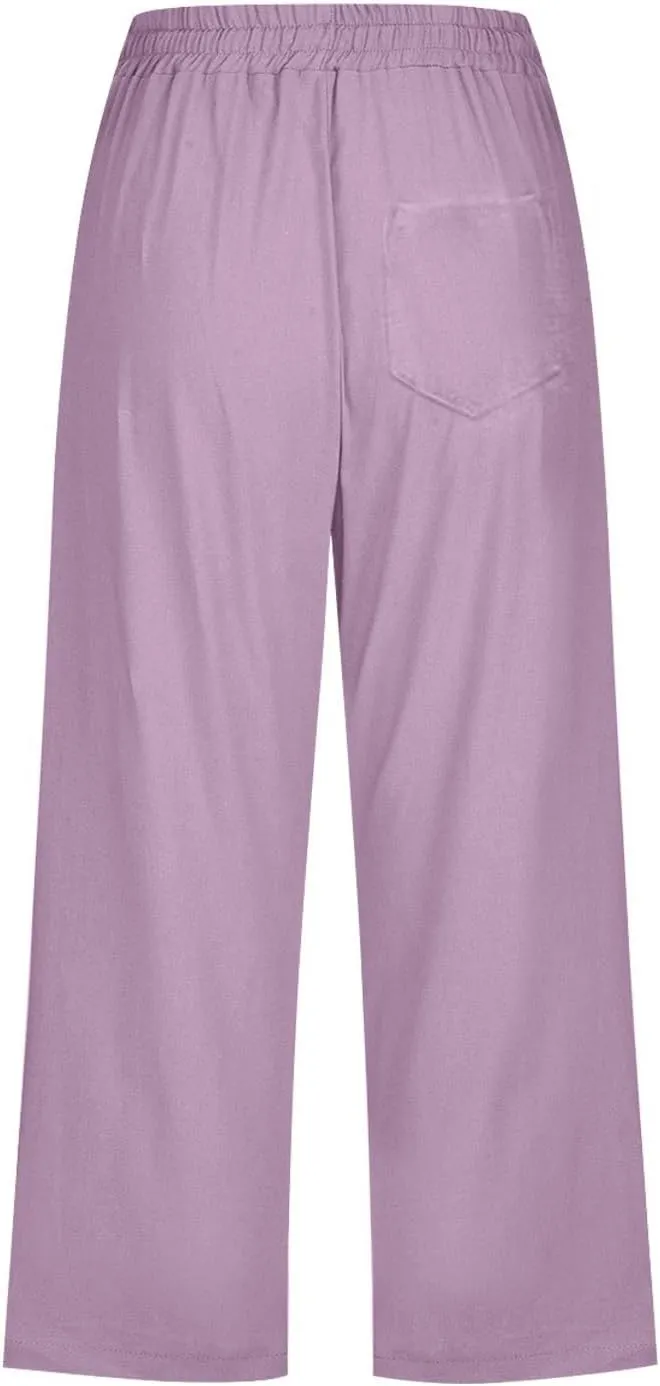Capri Pants for Women Casual 2025 Summer Drawstring Elastic High Waist Linen Pant Straight Wide Leg Cropped Trouser