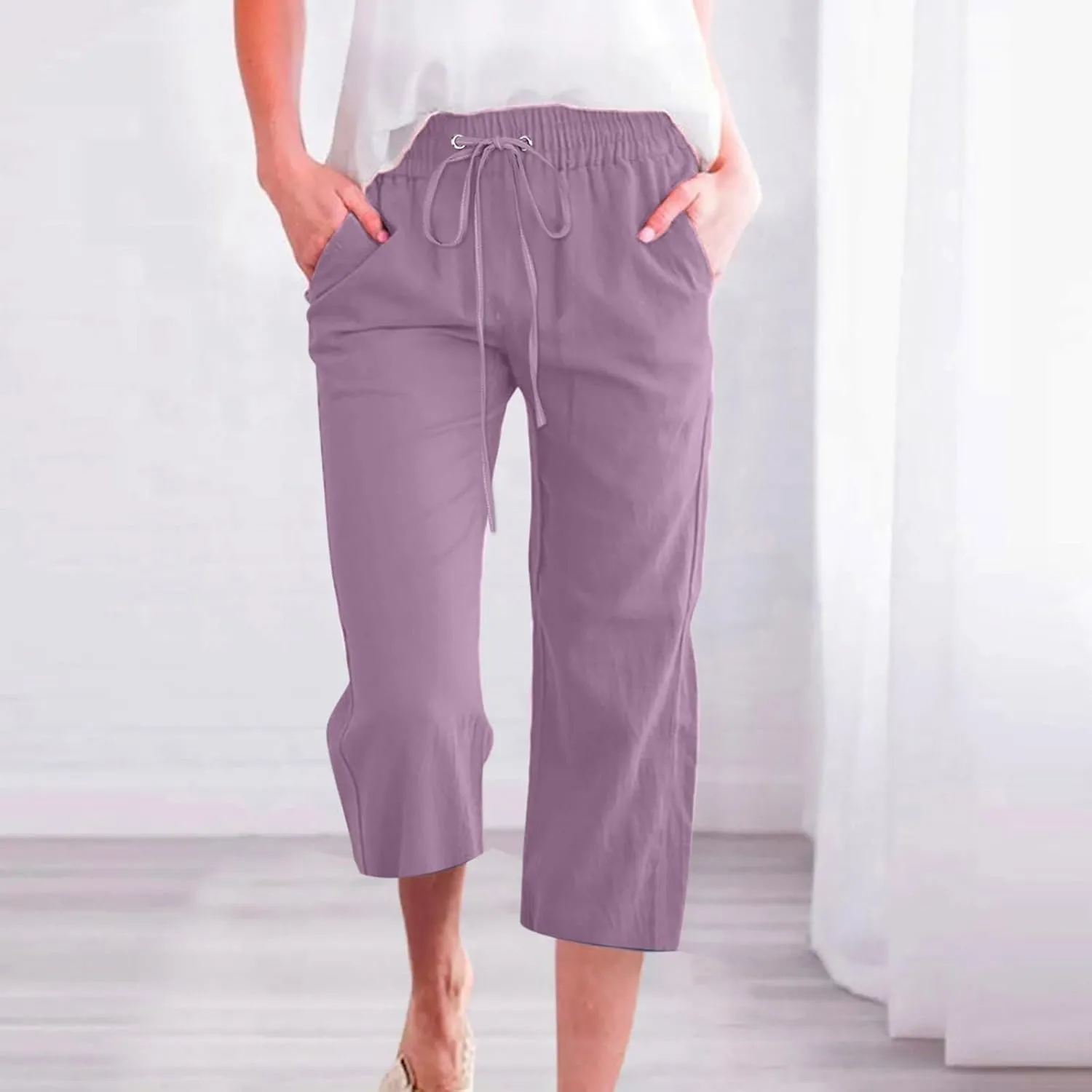 Capri Pants for Women Casual 2025 Summer Drawstring Elastic High Waist Linen Pant Straight Wide Leg Cropped Trouser