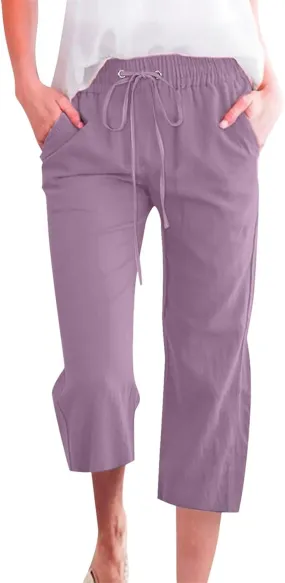 Capri Pants for Women Casual 2025 Summer Drawstring Elastic High Waist Linen Pant Straight Wide Leg Cropped Trouser