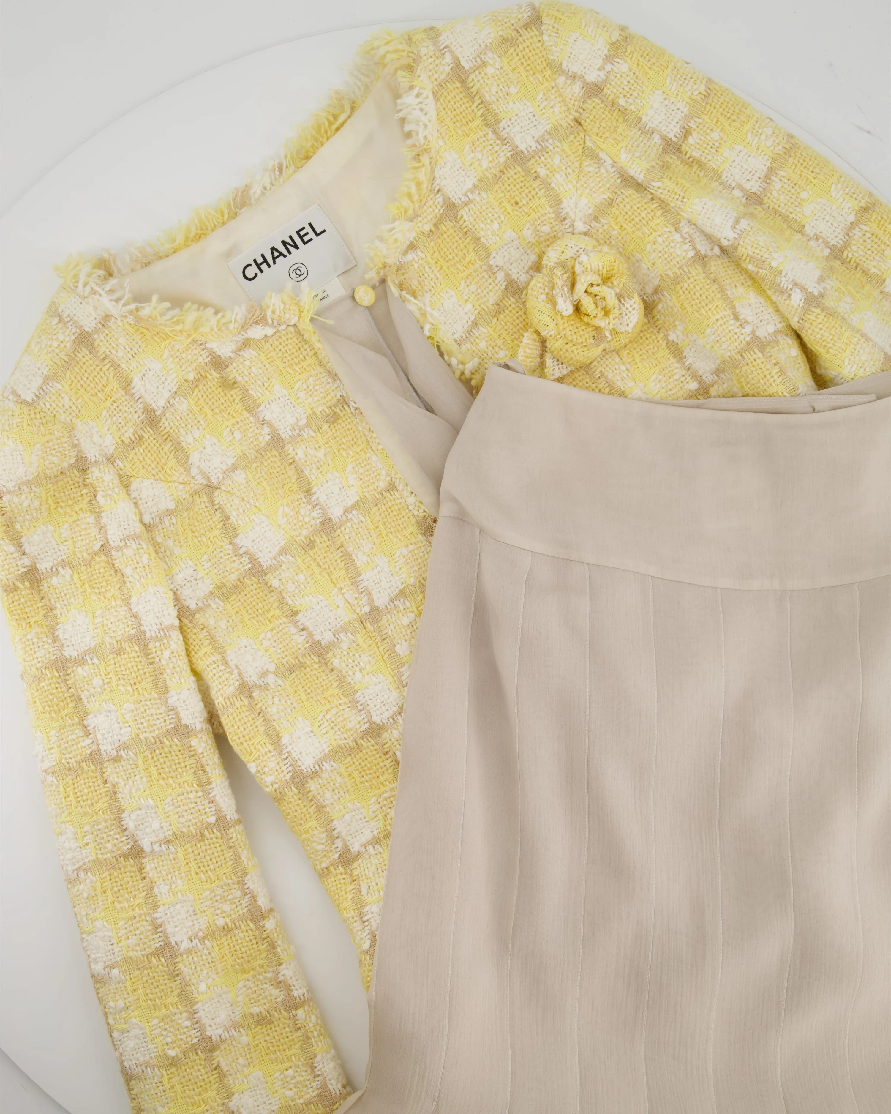 Chanel 04C Yellow and White Tweed Jacket and Grey Silk Shorts Set with Camelia Tweed Pin Detail Size FR 36 (UK 8)