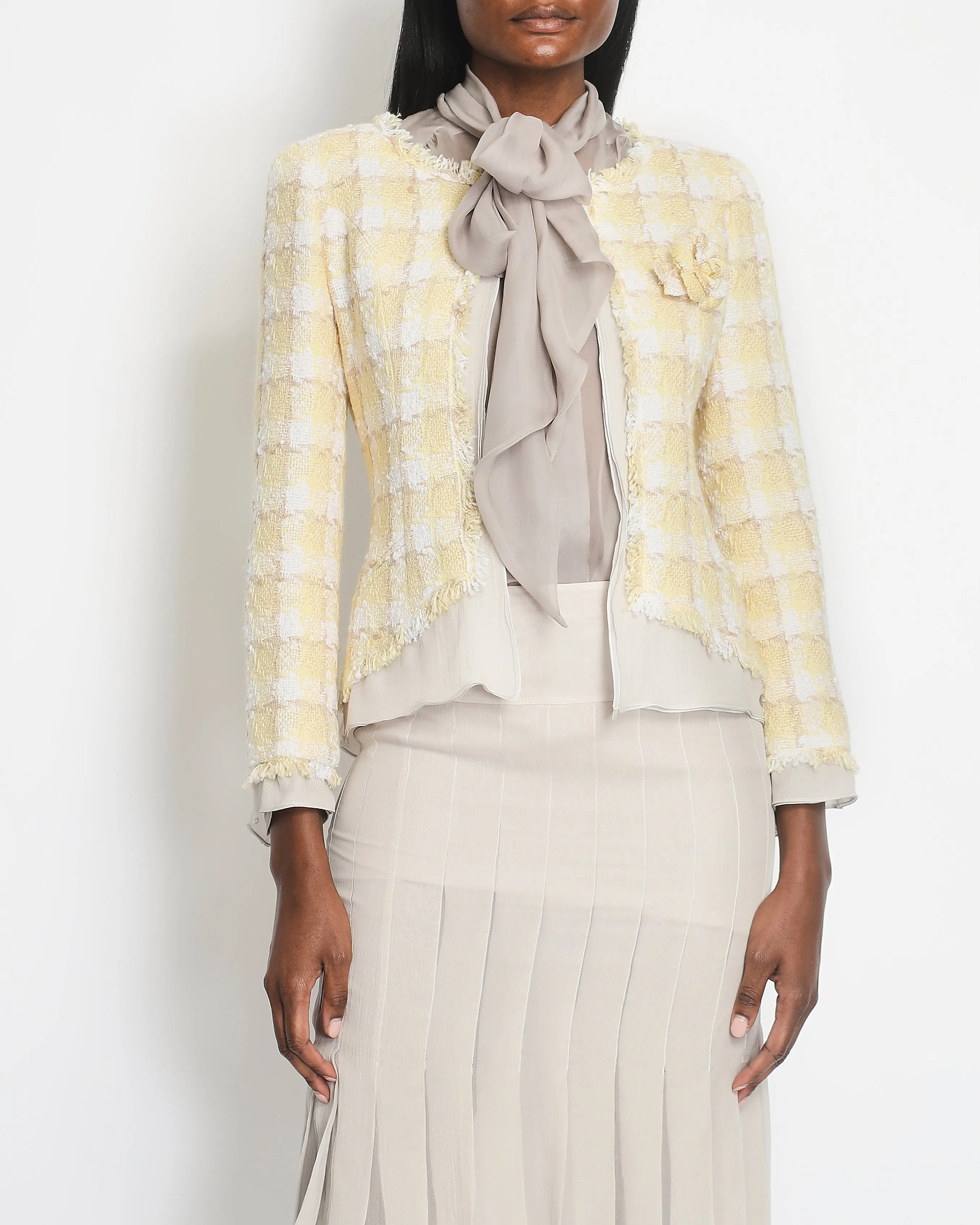 Chanel 04C Yellow and White Tweed Jacket and Grey Silk Shorts Set with Camelia Tweed Pin Detail Size FR 36 (UK 8)