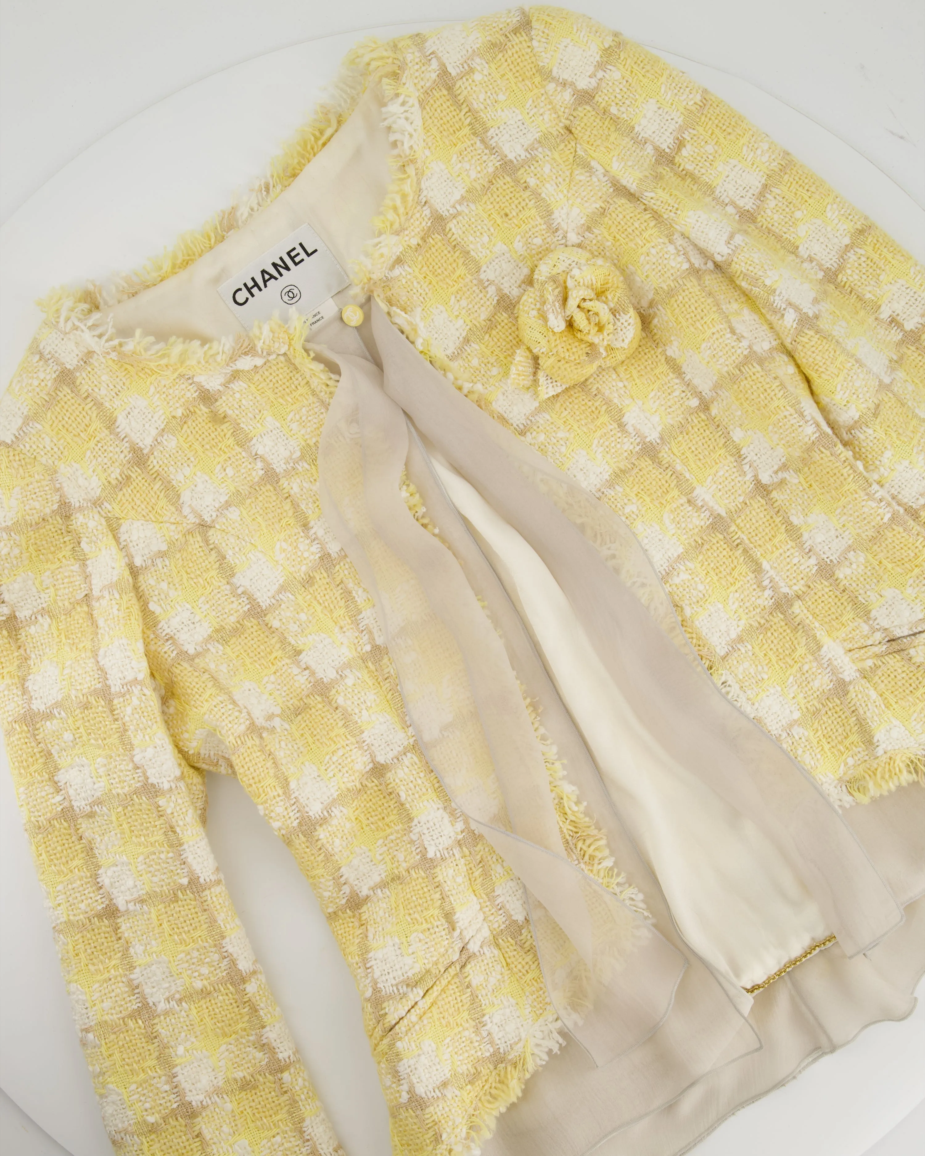Chanel 04C Yellow and White Tweed Jacket and Grey Silk Shorts Set with Camelia Tweed Pin Detail Size FR 36 (UK 8)