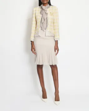 Chanel 04C Yellow and White Tweed Jacket and Grey Silk Shorts Set with Camelia Tweed Pin Detail Size FR 36 (UK 8)