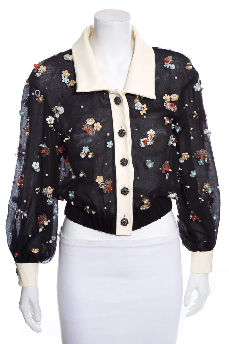 Chanel 2016 Seoul Collection Silk Organza Black Jacket SZ 38