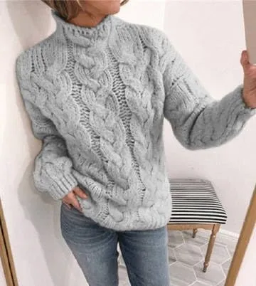 Chunky Sweaters for Women, Trendy Fall Long Sleeves Cable Knit Tops Casual Oversized Pullover High Neck Drop Shoulder Sweater