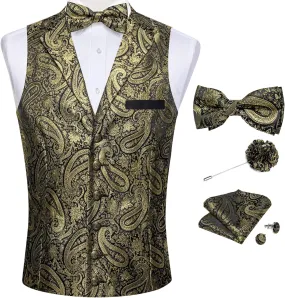 DiBanGu 5pcs Suit Vest for Men Paisley Waistcoat with Bow Tie Lapel Pin Pocket Square Cufflinks Silk Formal Prom Vest Set