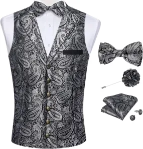 DiBanGu 5pcs Suit Vest for Men Paisley Waistcoat with Bow Tie Lapel Pin Pocket Square Cufflinks Silk Formal Prom Vest Set