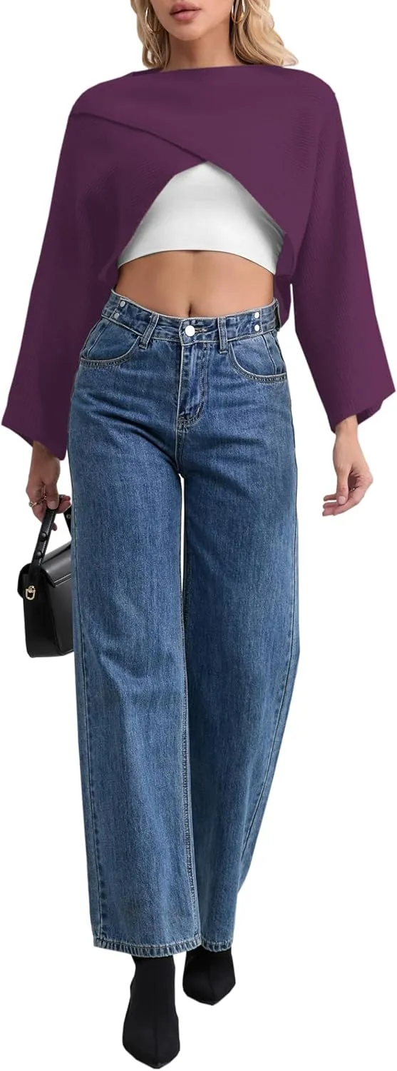 Joe Wenko Women's Boat Neck Sweater Long Sleeve Cross Wrap Asymmetrical Hem Cropped Pullover Jumper Tops