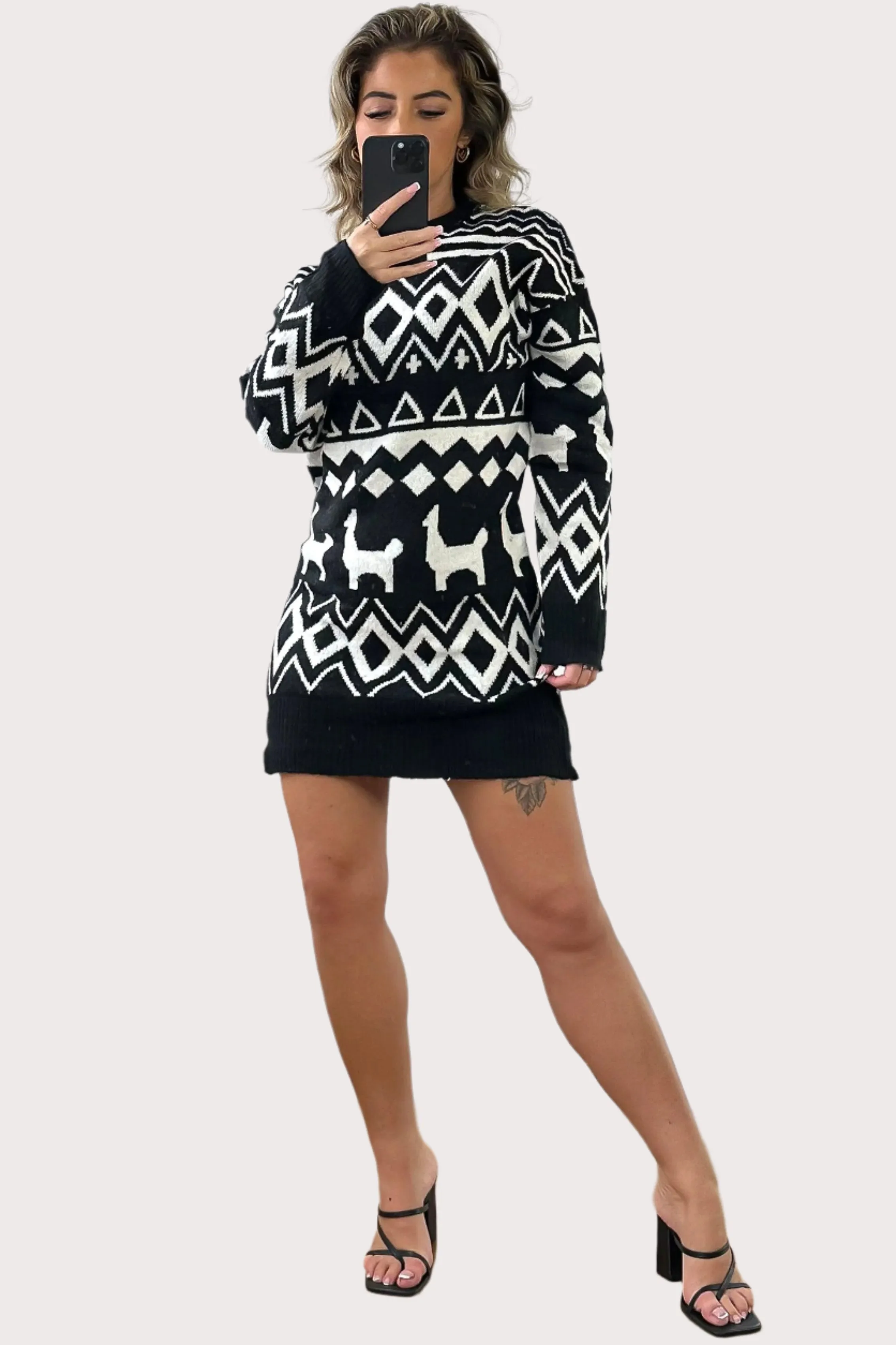 Monochrome Festive Pattern Knitted Dress