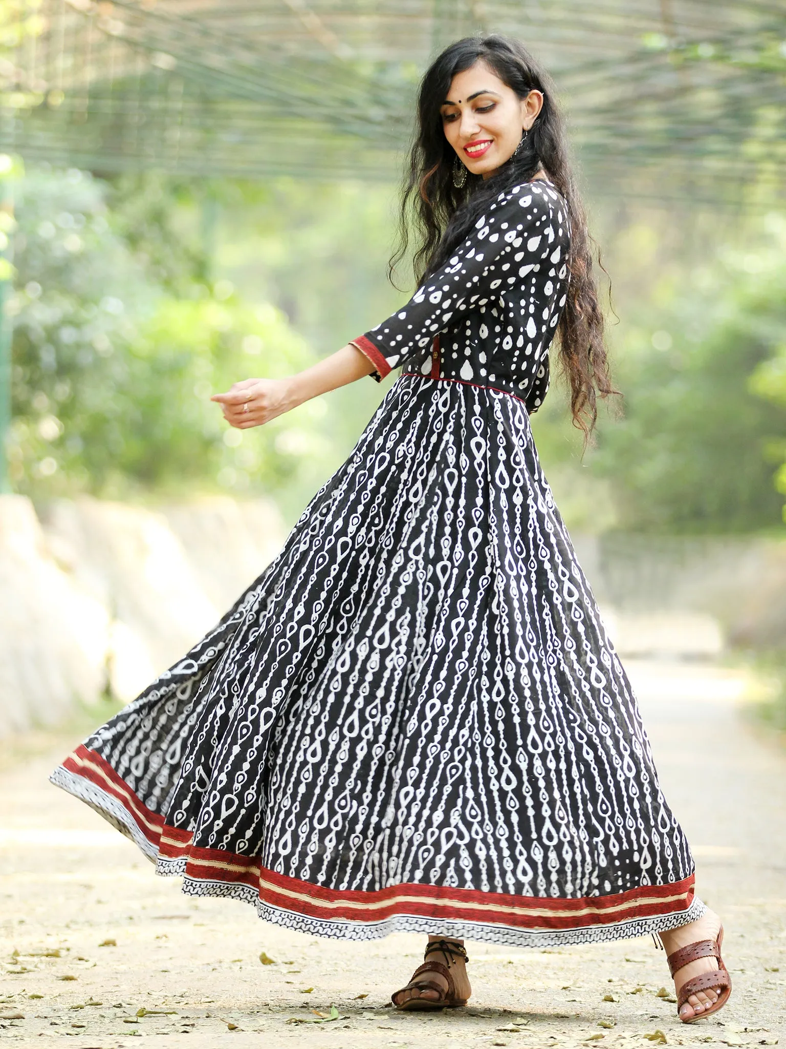 Naaz Monochrome  - Hand Block Printed Long Cotton Angrakha Dress  - DS75F001