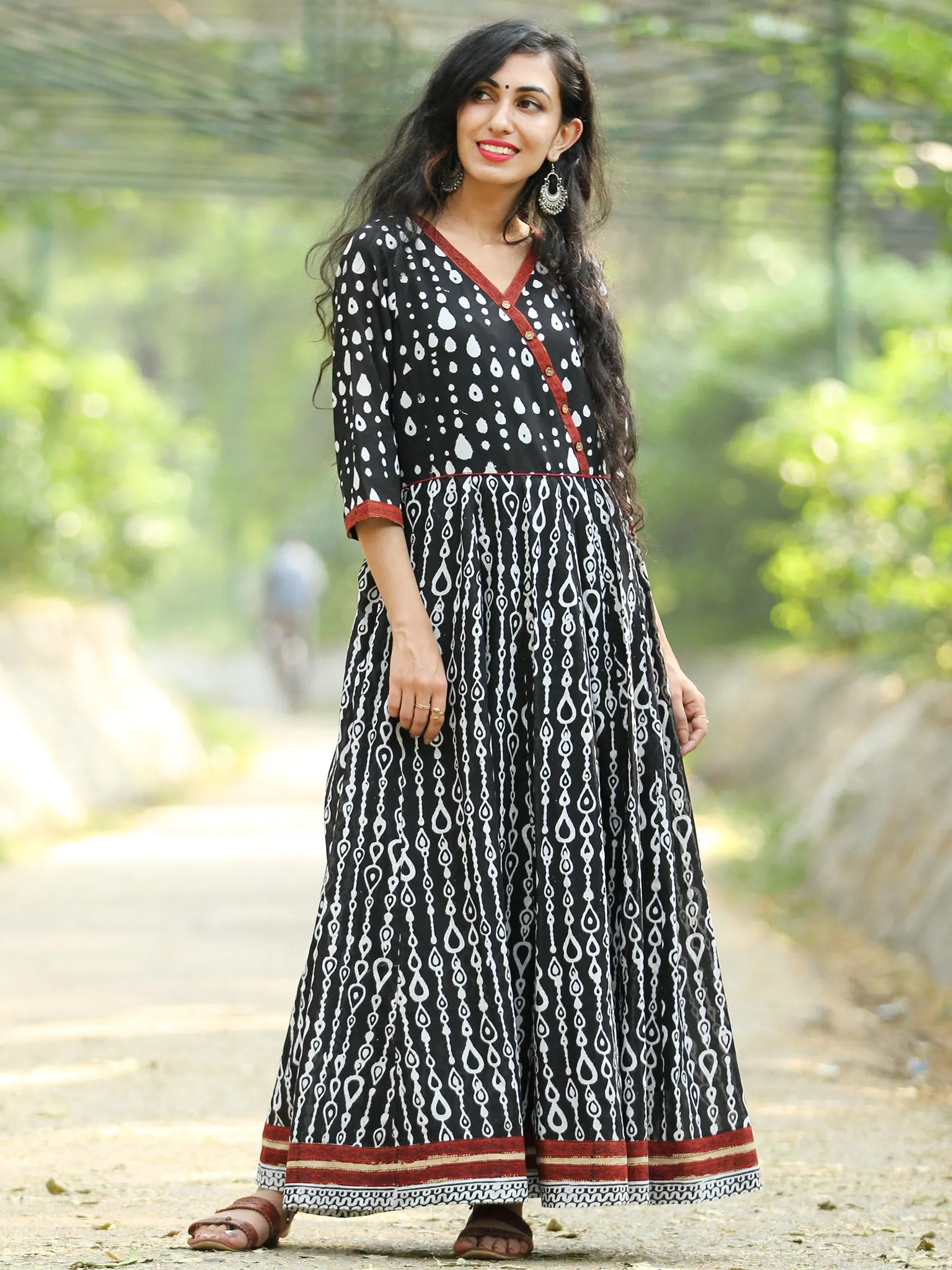 Naaz Monochrome  - Hand Block Printed Long Cotton Angrakha Dress  - DS75F001