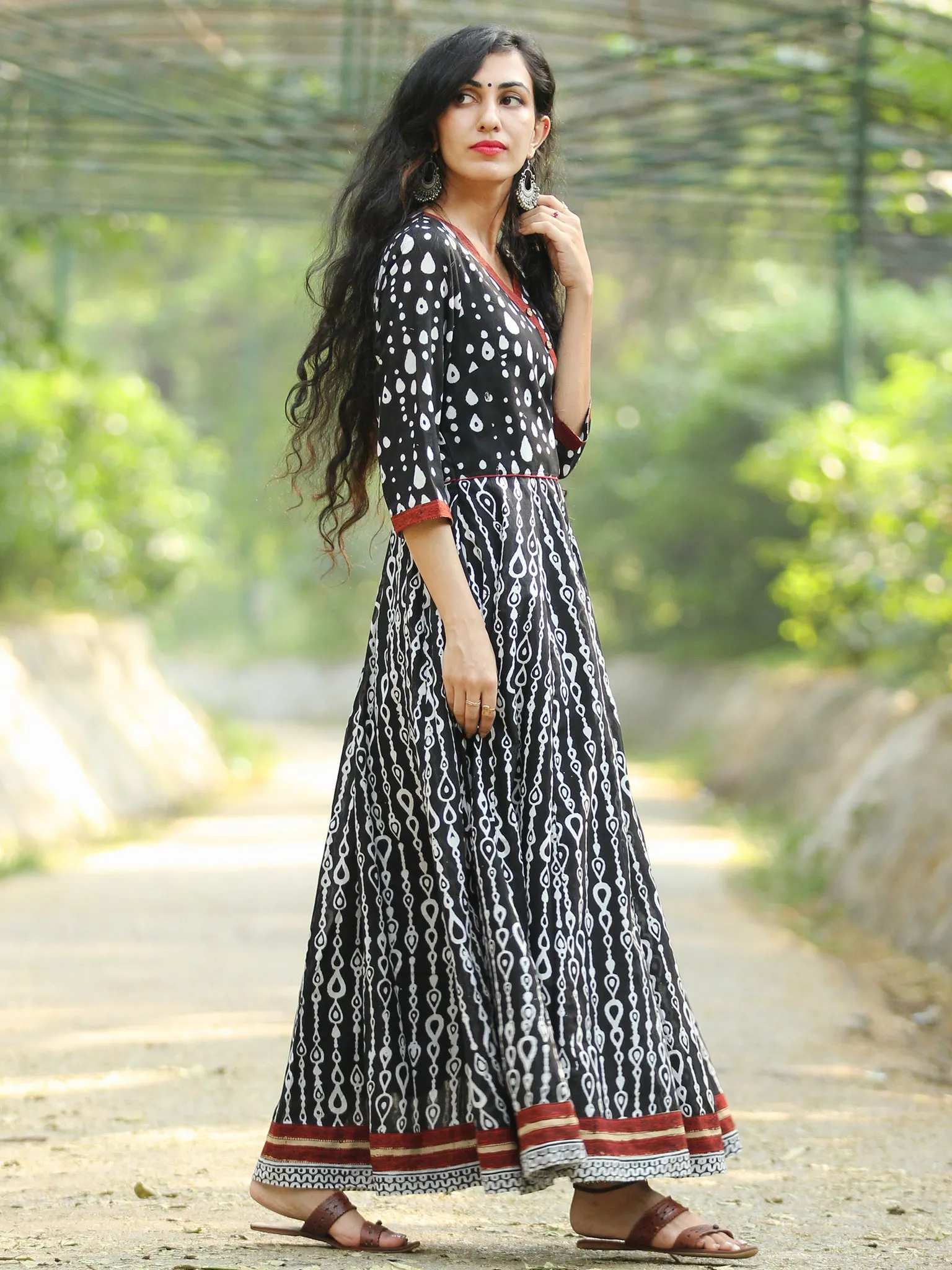 Naaz Monochrome  - Hand Block Printed Long Cotton Angrakha Dress  - DS75F001