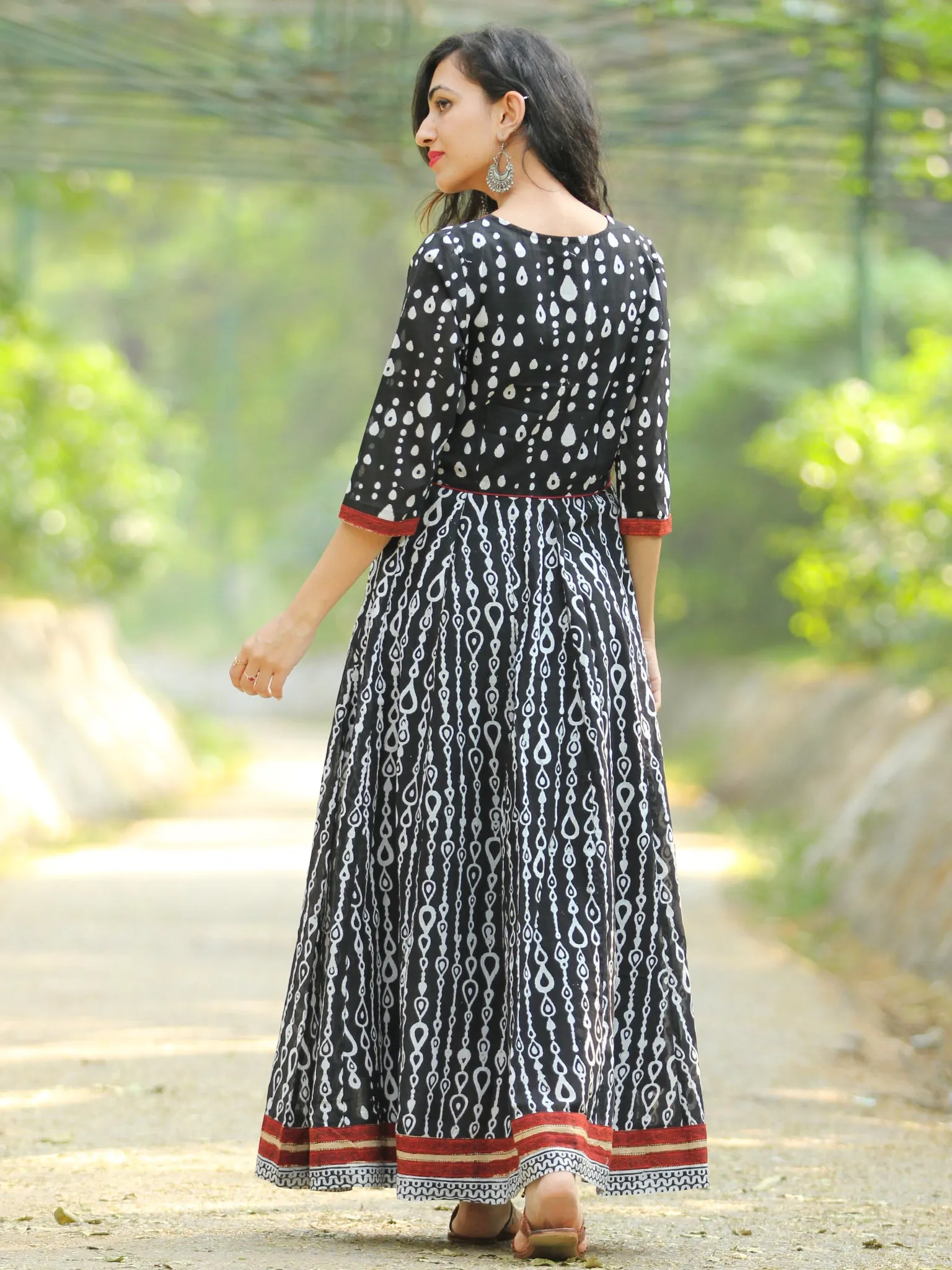 Naaz Monochrome  - Hand Block Printed Long Cotton Angrakha Dress  - DS75F001