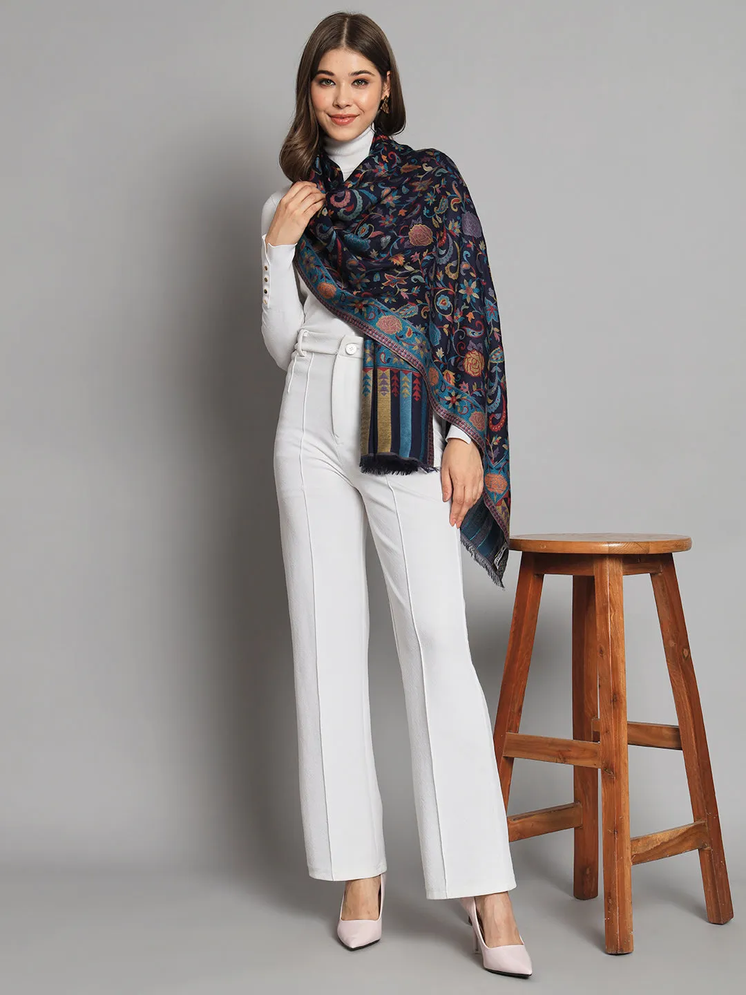 Navy Blue Floral Artwork Kani Shawl