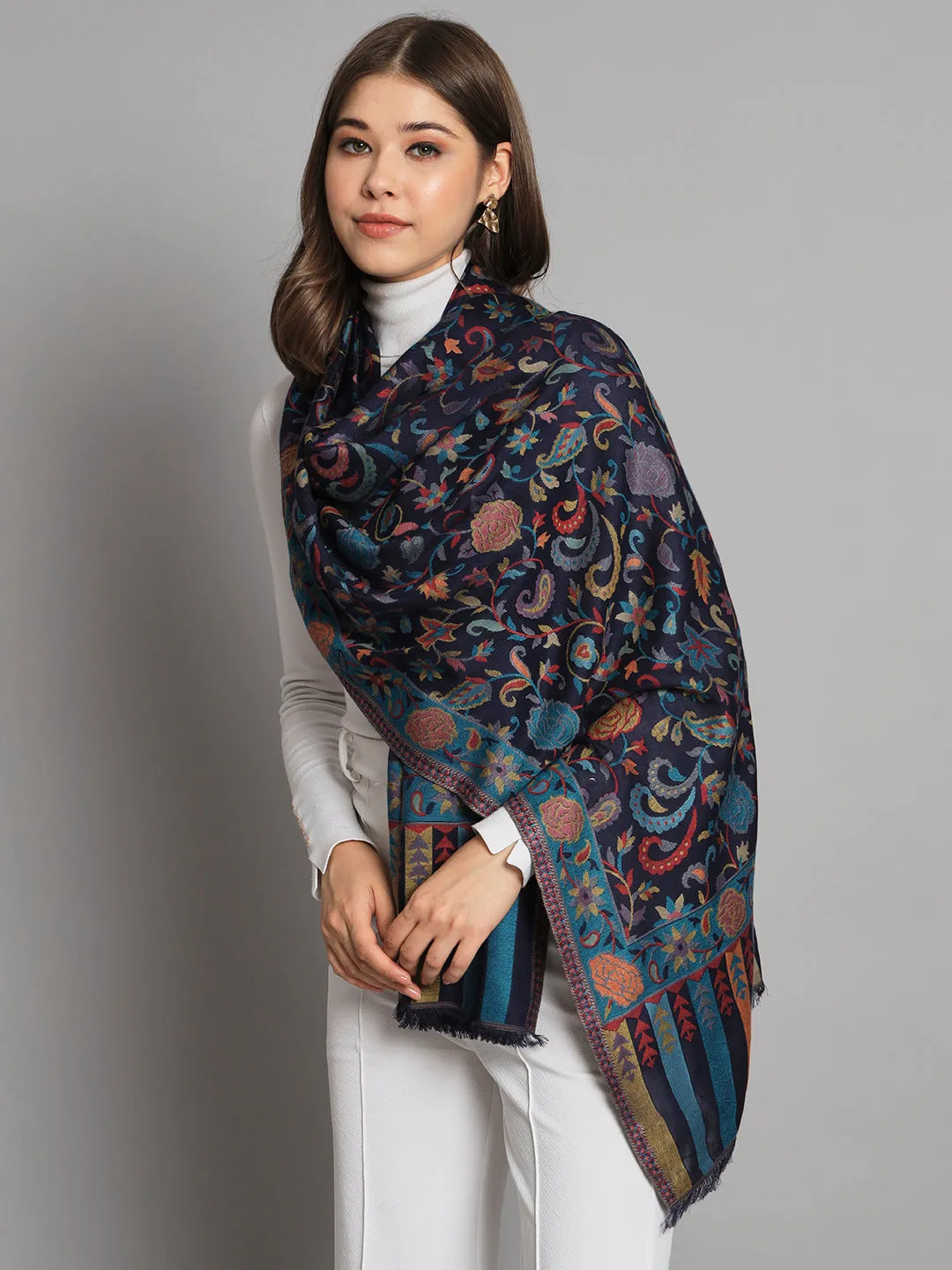Navy Blue Floral Artwork Kani Shawl