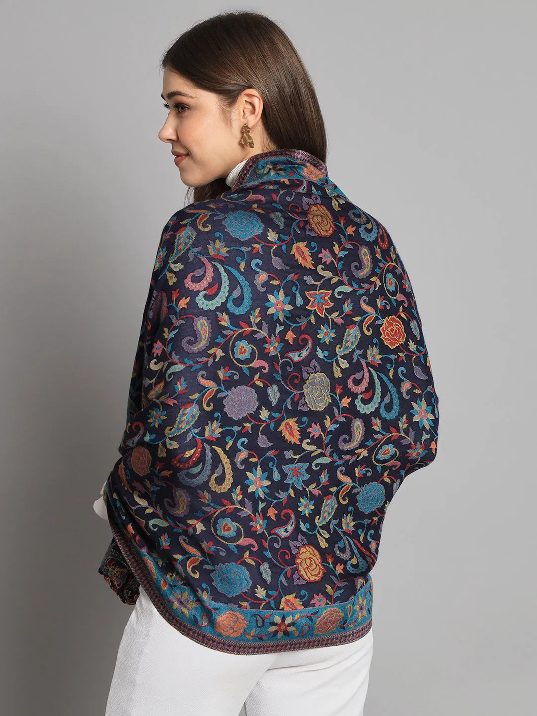 Navy Blue Floral Artwork Kani Shawl