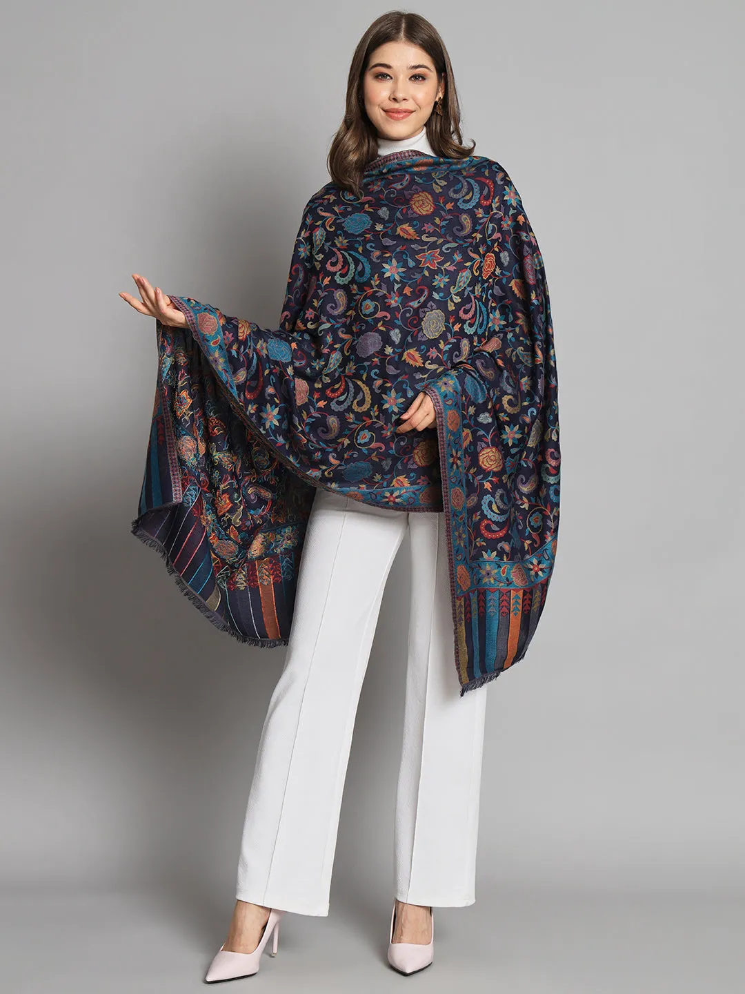Navy Blue Floral Artwork Kani Shawl