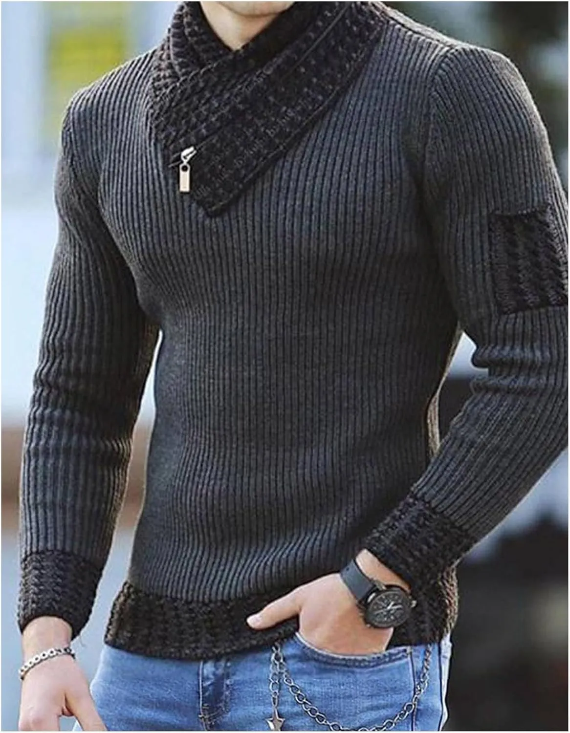 SOMTHRON Men's Knitted Turtleneck Pullover Shawl Collar Sweaters Slim Fit High Neck Long Sleeve Winter Jumper Tops