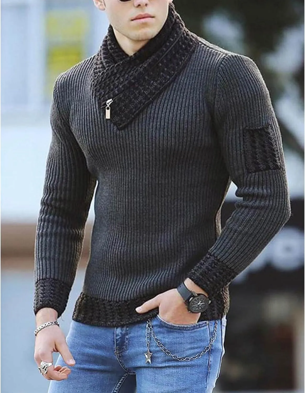 SOMTHRON Men's Knitted Turtleneck Pullover Shawl Collar Sweaters Slim Fit High Neck Long Sleeve Winter Jumper Tops