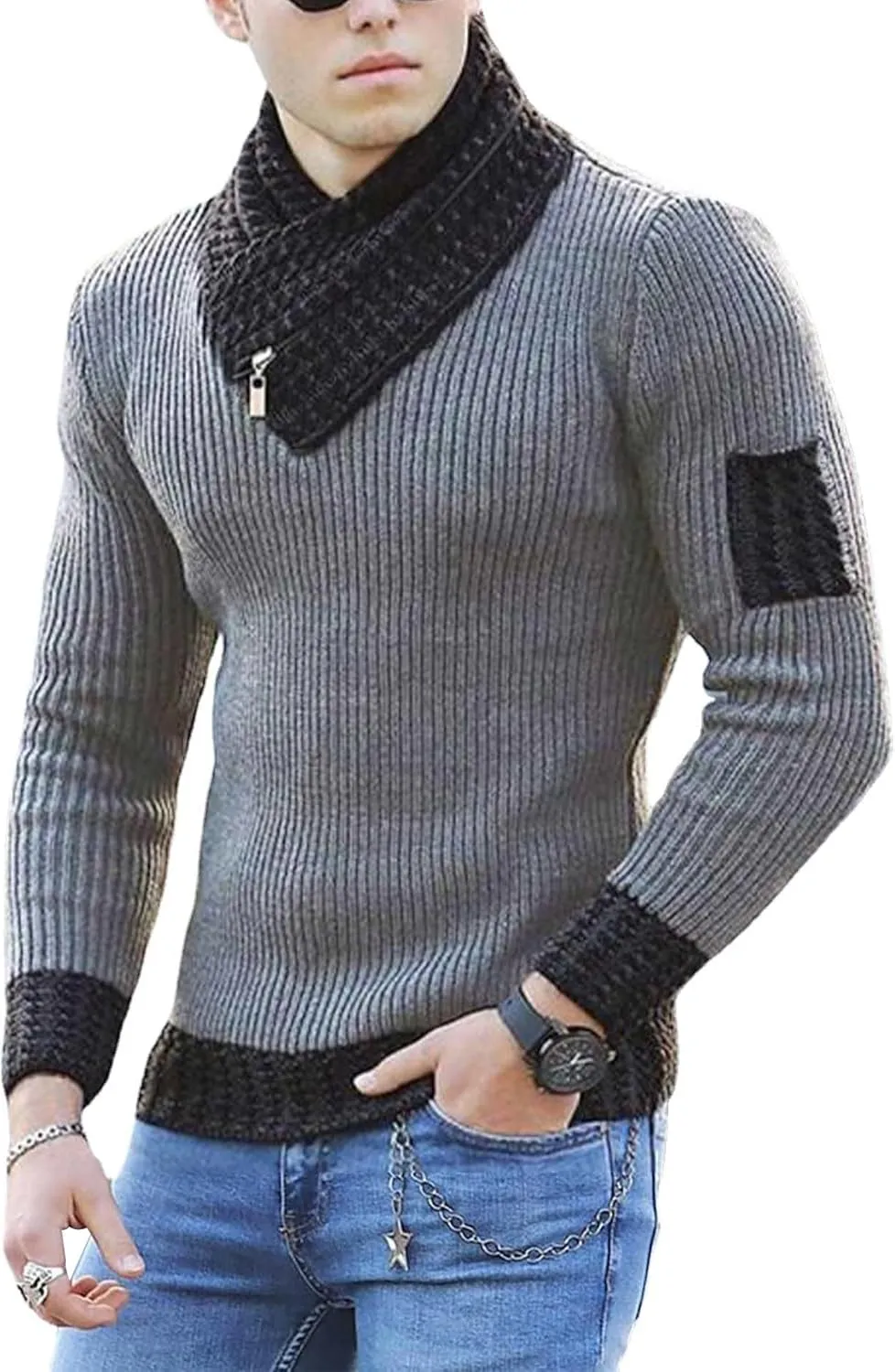 SOMTHRON Men's Knitted Turtleneck Pullover Shawl Collar Sweaters Slim Fit High Neck Long Sleeve Winter Jumper Tops