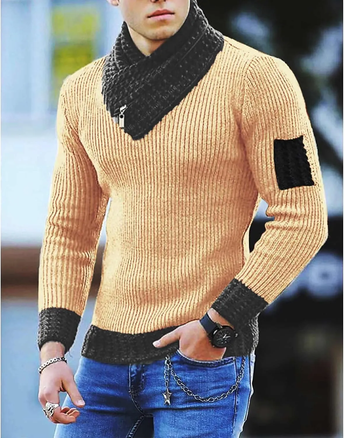 SOMTHRON Men's Knitted Turtleneck Pullover Shawl Collar Sweaters Slim Fit High Neck Long Sleeve Winter Jumper Tops