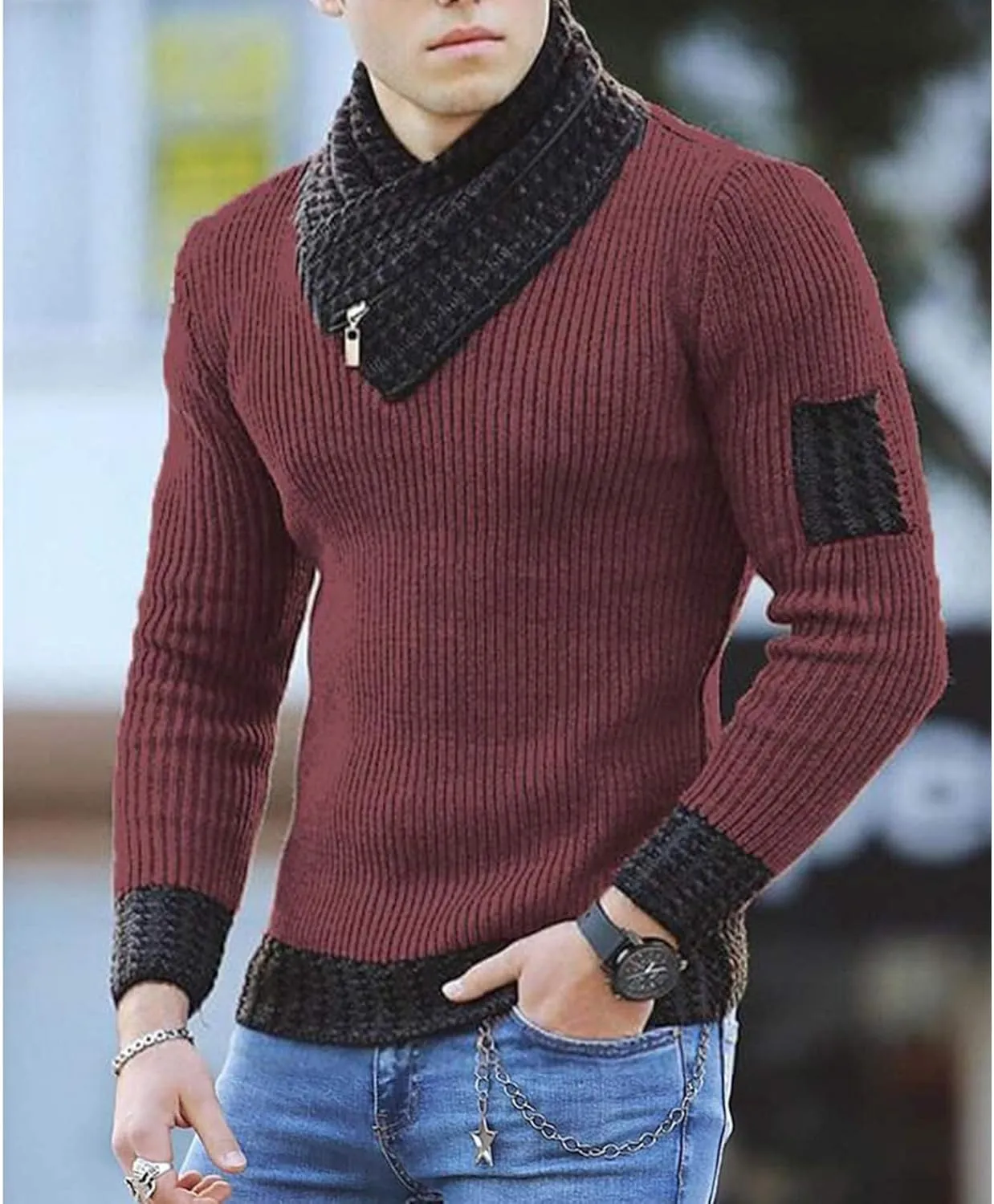 SOMTHRON Men's Knitted Turtleneck Pullover Shawl Collar Sweaters Slim Fit High Neck Long Sleeve Winter Jumper Tops