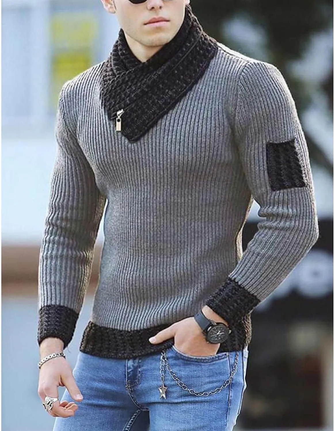 SOMTHRON Men's Knitted Turtleneck Pullover Shawl Collar Sweaters Slim Fit High Neck Long Sleeve Winter Jumper Tops