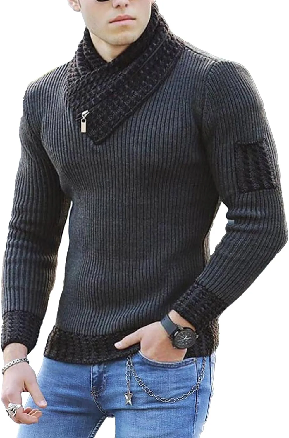 SOMTHRON Men's Knitted Turtleneck Pullover Shawl Collar Sweaters Slim Fit High Neck Long Sleeve Winter Jumper Tops