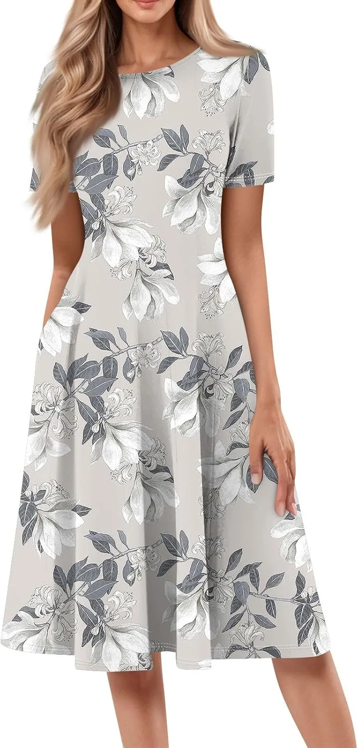 Summer Dresses for Women 2025 Beach Vacation Elegant Crewneck Short Sleeve Midi Sun Dress A Line Dress Side Pockets