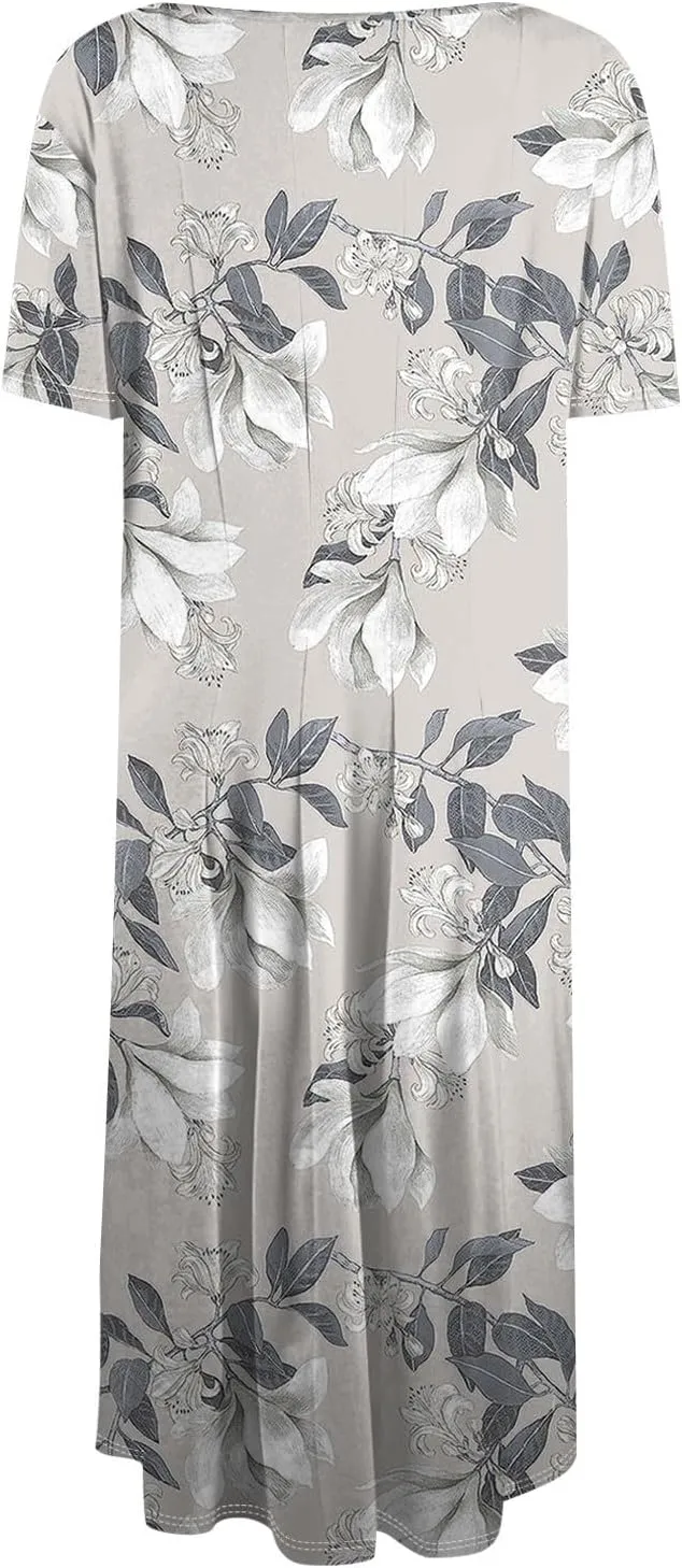 Summer Dresses for Women 2025 Beach Vacation Elegant Crewneck Short Sleeve Midi Sun Dress A Line Dress Side Pockets