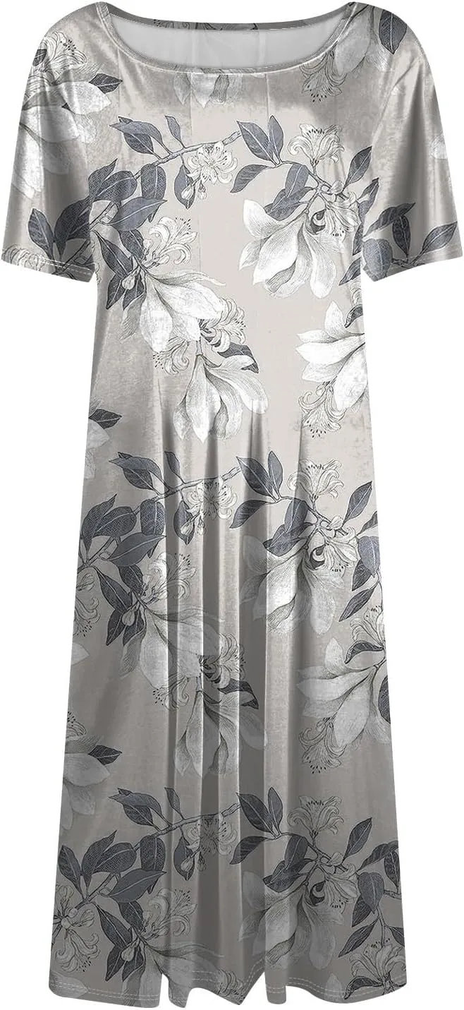 Summer Dresses for Women 2025 Beach Vacation Elegant Crewneck Short Sleeve Midi Sun Dress A Line Dress Side Pockets