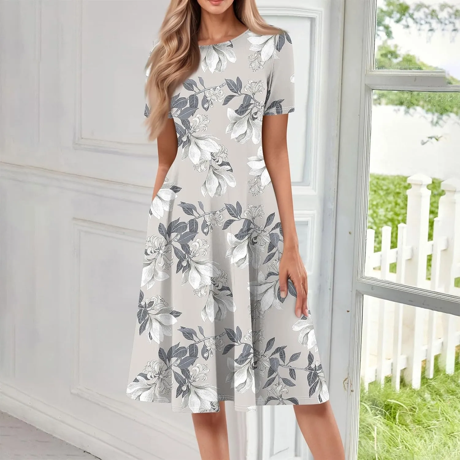 Summer Dresses for Women 2025 Beach Vacation Elegant Crewneck Short Sleeve Midi Sun Dress A Line Dress Side Pockets