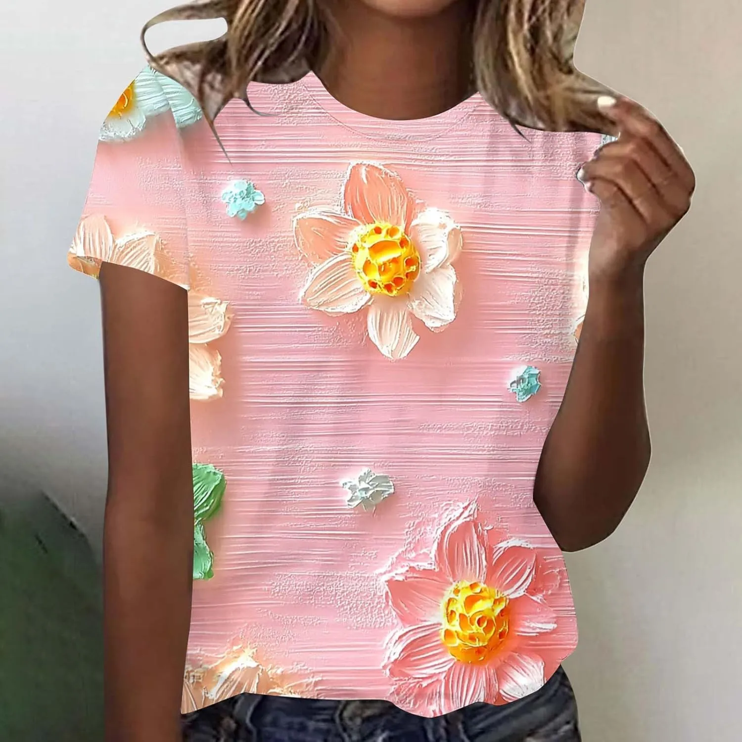 Summer Tops for Womens Short Sleeve Plus Size Shirts Graphic Print Crewneck T-Shirt Casual Loose Fit Tees Outfits