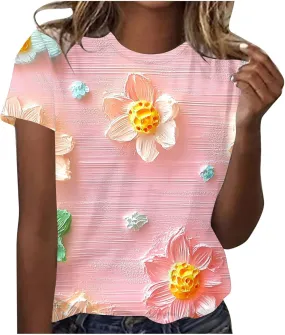 Summer Tops for Womens Short Sleeve Plus Size Shirts Graphic Print Crewneck T-Shirt Casual Loose Fit Tees Outfits