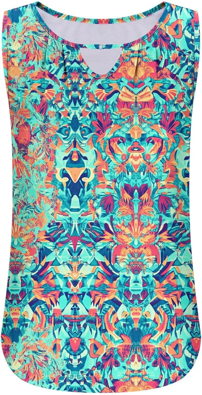 Tank Top for Women Summer Sleeveless Crew Neck Outfits Fashion Floral Print Beach Vacation Tops Trendy Dressy Shirt