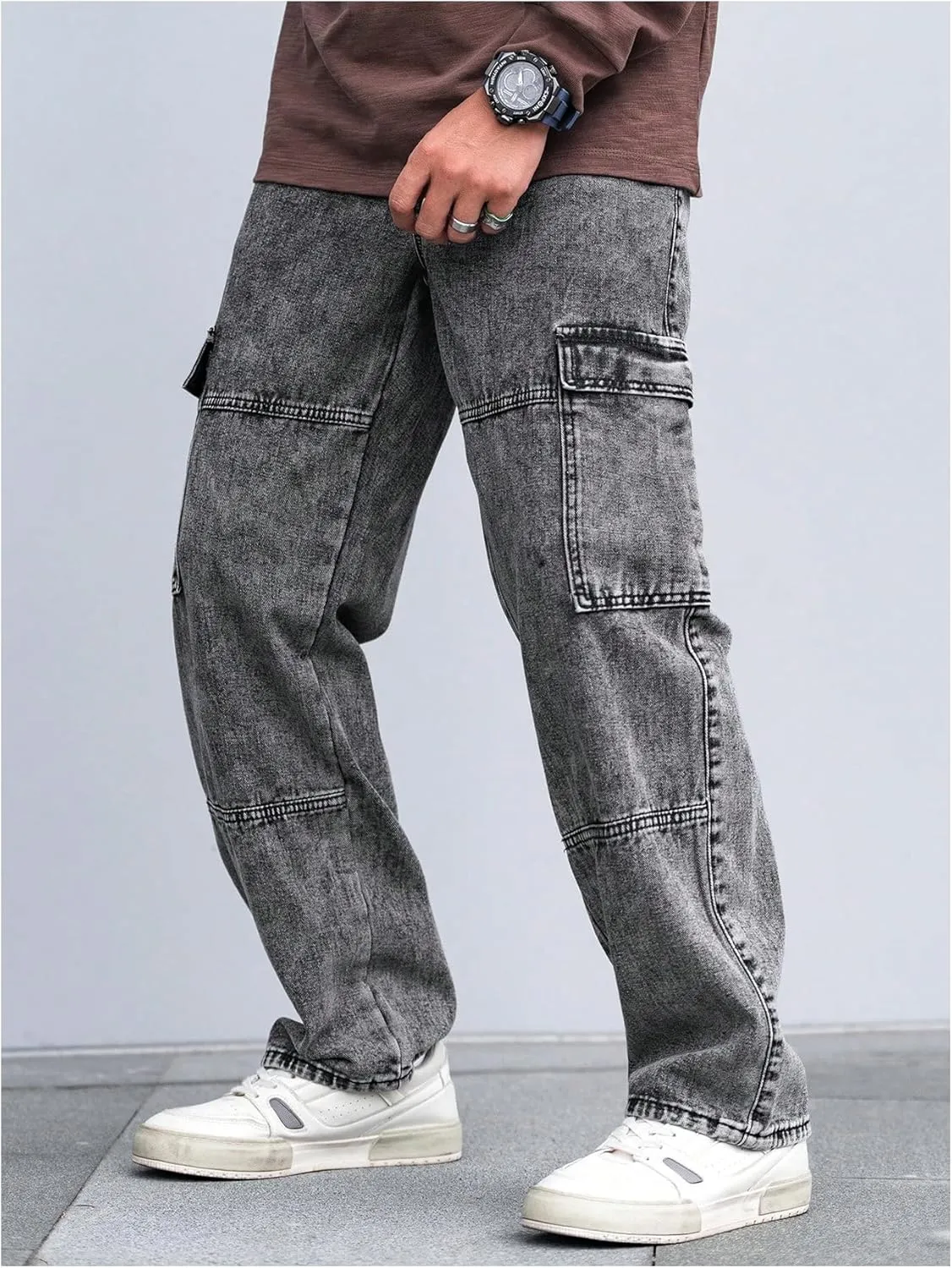 Verdusa Men's Drawstring Waist Flap Pockets Cargo Jeans Denim Pants with Slant Pockets