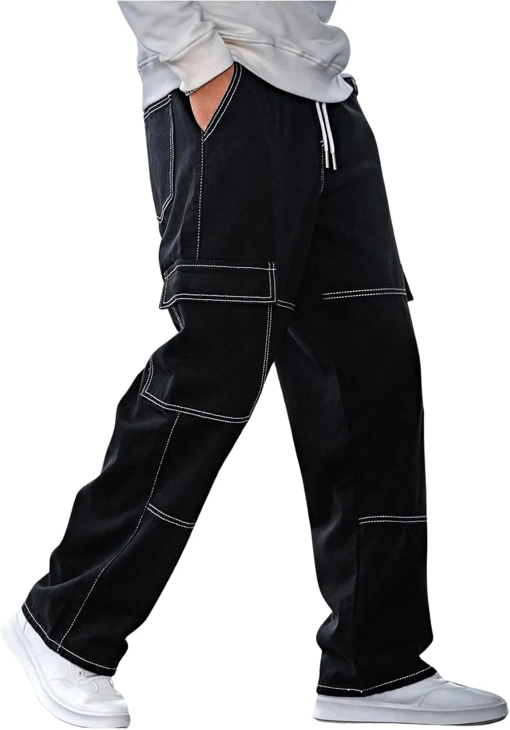 Verdusa Men's Drawstring Waist Flap Pockets Cargo Jeans Denim Pants with Slant Pockets
