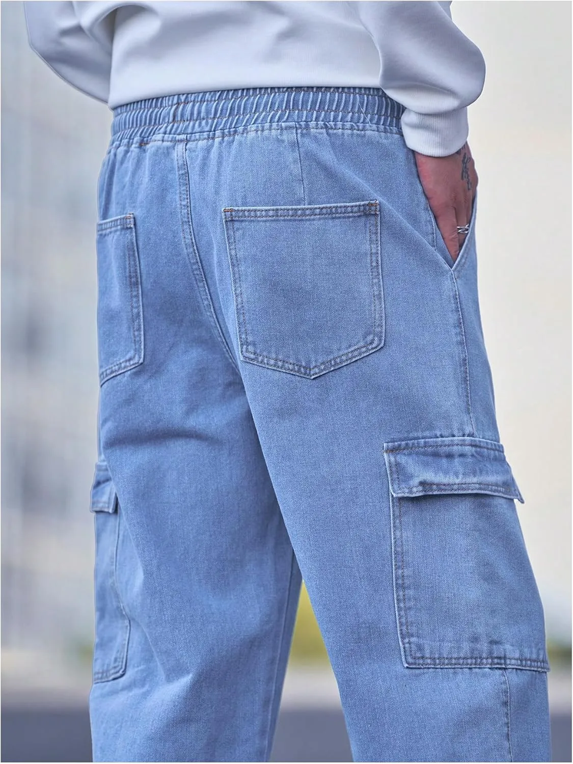 Verdusa Men's Drawstring Waist Flap Pockets Cargo Jeans Denim Pants with Slant Pockets